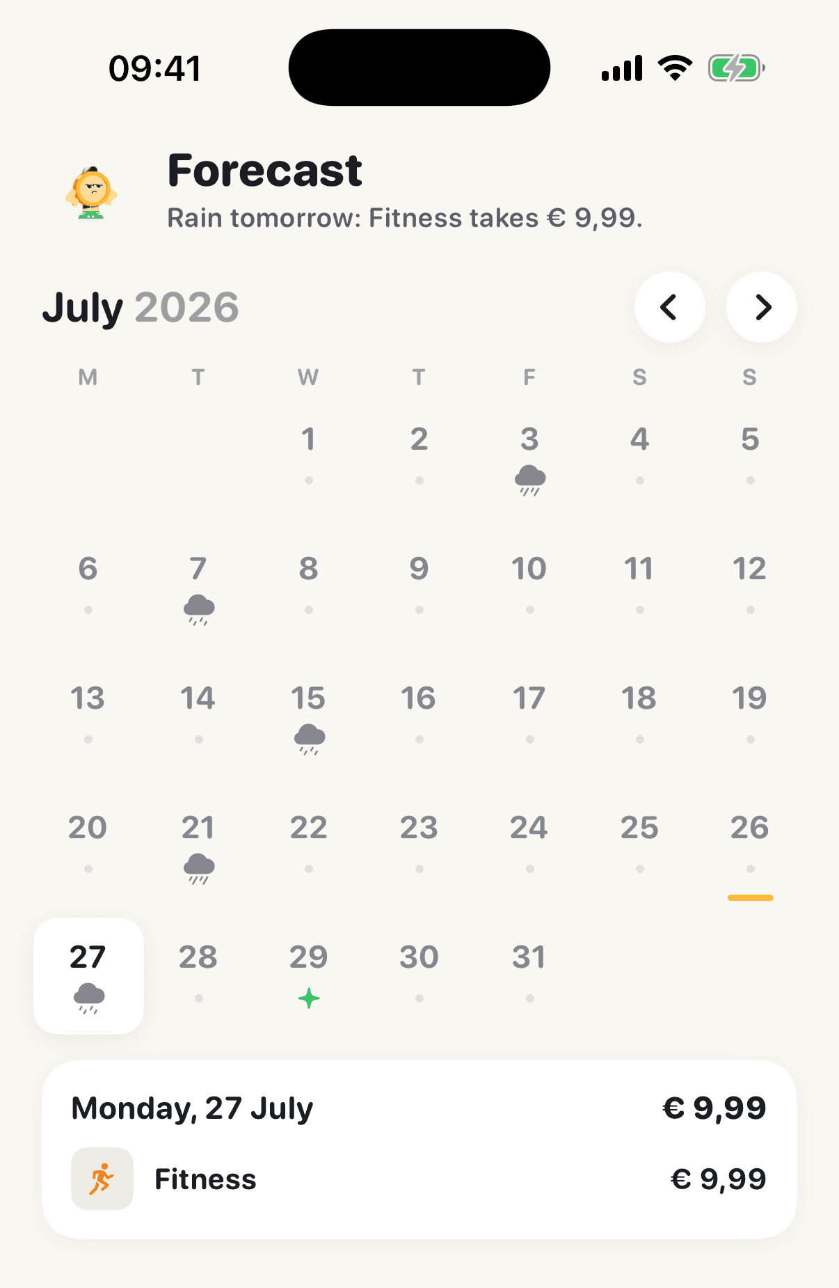 The Cancelled forecast calendar, showing rain on the days a subscription is due and what tomorrow's charge will cost